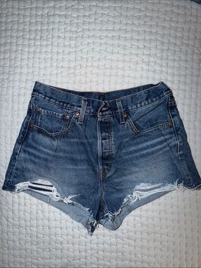 Levi's Distressed Mid Wash Denim Button-Fly Cutoff Shorts
